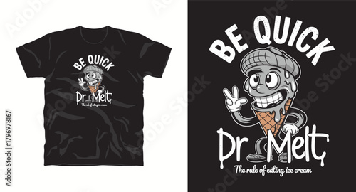Be quick dr melt vector cartoon illustration for t shirt print ice cream character mascot design eating summer sweet dessert fast food treat happy smiling food lover