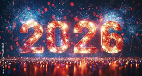 Celebration of New Year 2026 With Fireworks Lighting up the Night Sky