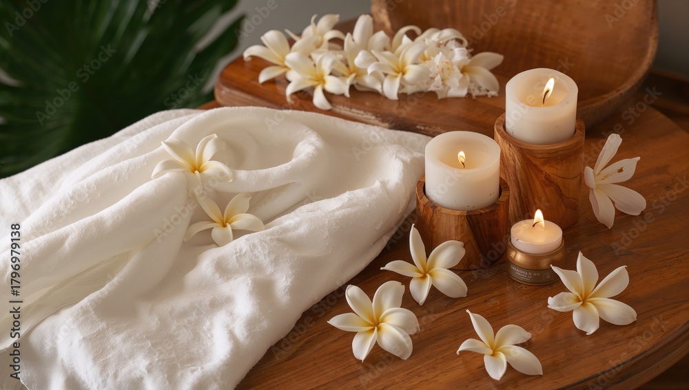 Fototapeta premium Spa setting with aromatic candles and Frangipani flowers, promoting relaxation and well-being