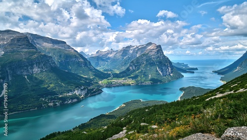Fototapeta Naklejka Na Ścianę i Meble -  Norway's natural scenery features Lovatnet lake and Lodal valley, showcasing seasonal change