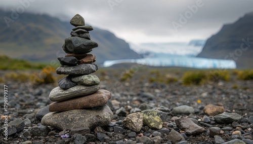 Balanced rock cairns in a glacial landscape, showcasing isolation