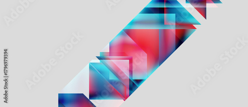 Abstract geometric shapes overlap, creating vibrant color blends. Blue, red, pink hues dominate neutral background. Modern design.