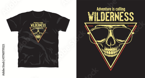 Adventure is calling wilderness vector graphic for t shirt print skull with sunglasses triangular frame summer design hiking camping outdoor exploring nature adventure holiday trip