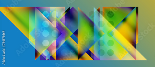 Abstract geometric composition. Vivid colors blend, creating dynamic triangular shapes, circles, gradients. Modern digital artwork.