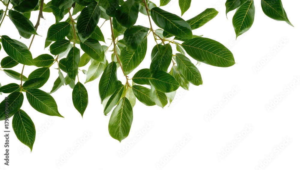 Obraz premium Tropical Foliage Featuring Tree Leaves and Branches on a White Background, Ideal for Editorial Header Background