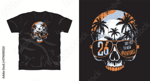 26 Say Yes to New Adventures Typography Vector Design on Black T Shirt Print Design with a Human Skull Wearing Sunglasses with Palm Trees on the Lenses Holiday and Summer