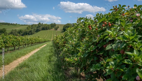 Rows of raspberry plants in a berry farm, showcasing agricultural practices and berry growth