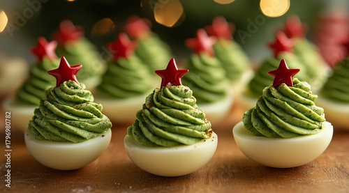 Festive Green Egg Decorations Shaped Like Christmas Trees With Bright Red Sta...