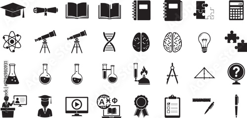 Comprehensive Education and Science Glyph Icon Set for School and E-learning Materials