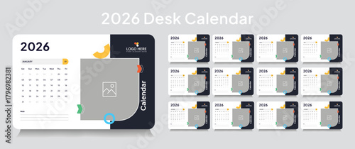 Customizable trendy desk calendar 2026 template, corporate desk calendar schedule 2026 monthly 12-page planner layout, editable vector eps 10 file format