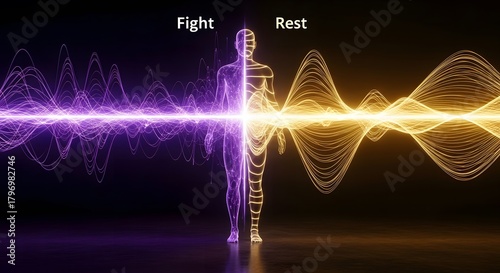 Autonomic nervous system diagram, Fight or Rest Concept with Human Silhouette and Energy Waves in