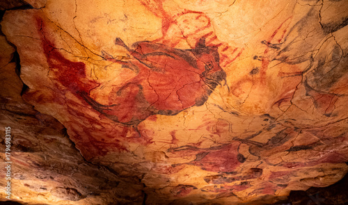 A painting of a horse and other animals on a wall. The painting is very old and has a lot of detail. The mood of the painting is very interesting and mysterious