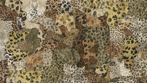 Abstract patchwork wallpaper featuring wild animal skins in a seamless 2D fur design, decorative use for interior layouts