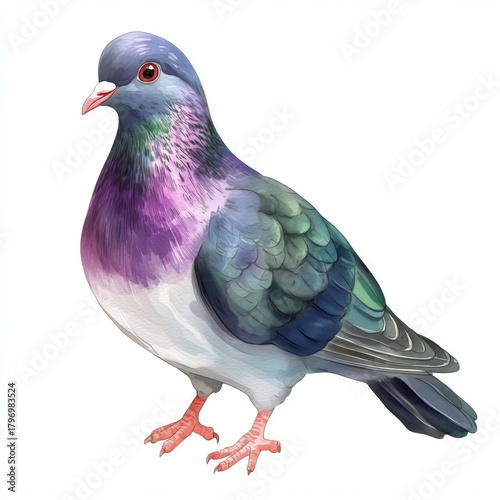 Colorful Pigeon With Vibrant Feathers Standing on a White Background