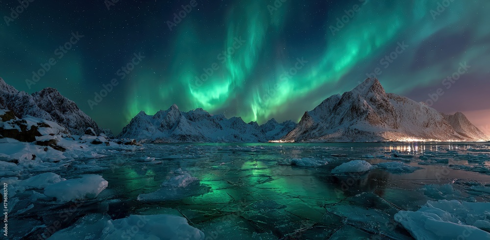 Naklejka premium Aurora Borealis Action, Nature, Lofoten Islands, Landscape Photography, Winter Night, Scenic View, Natural Wonder
