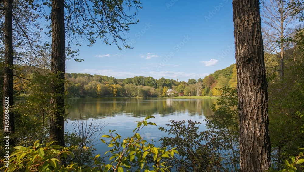 Obraz premium Calm still lake surrounded by lush greenery and trees, ideal for nature appreciation