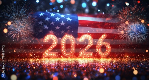 Celebrate the New Year 2026 With Fireworks and an American Flag Backdrop
