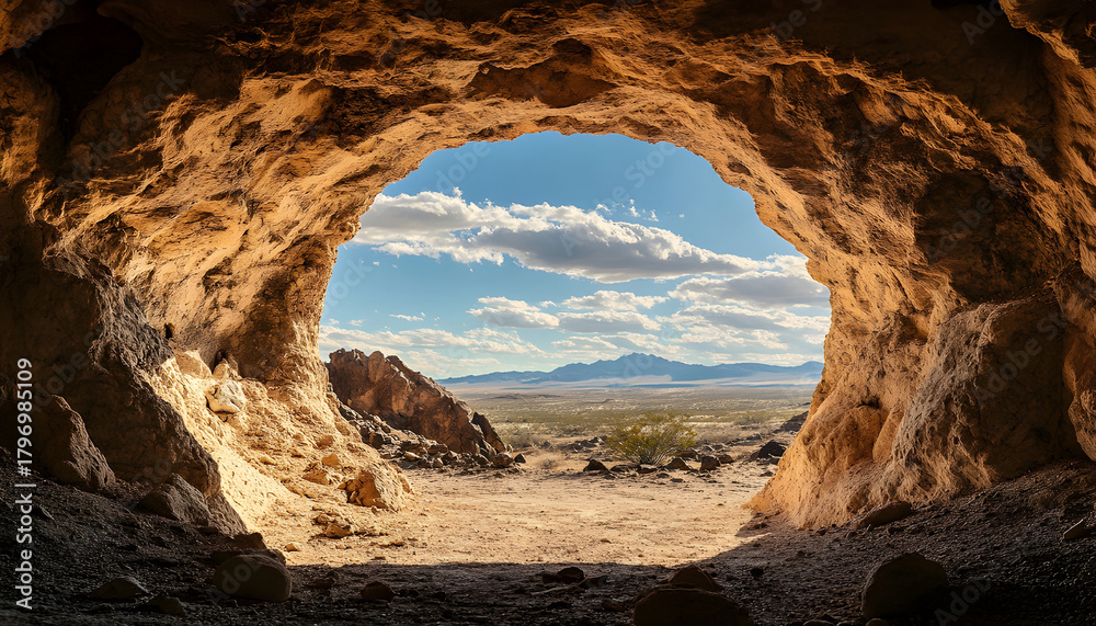 Obraz premium View from inside rough circular tunnel opening looking out to vast desert