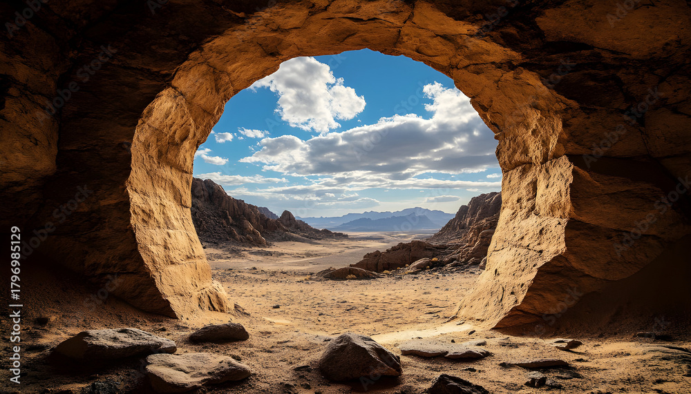 Obraz premium View from inside rough circular tunnel opening looking out to vast desert