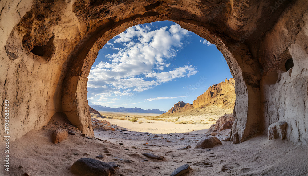 Obraz premium View from inside rough circular tunnel opening looking out to vast desert