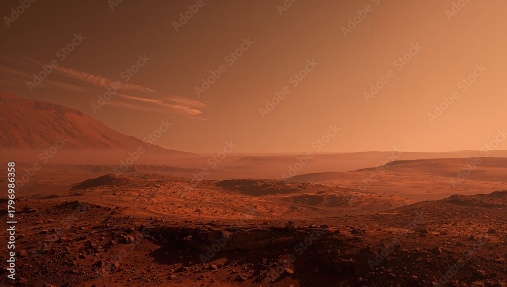 Naklejka premium Mars, the red planet with a dust-covered surface and atmosphere, highlighting erosion risk