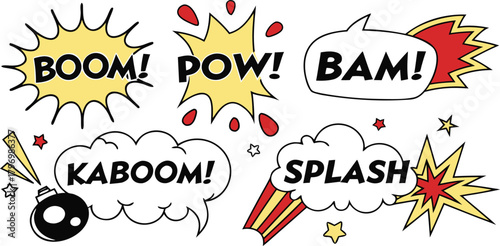 Dynamic collection of vibrant comic book sound effects featuring explosive cartoon speech bubbles, ideal for adding impactful visual energy to graphic design projects
