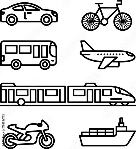 A vector set of transportation icons featuring car, truck, bus, train, airplane, ship, and delivery van silhouettes for travel and traffic illustration design