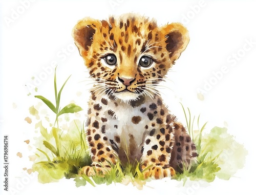 Cute Leopard Cub Sitting in Green Grass During a Sunny Day in the Wild