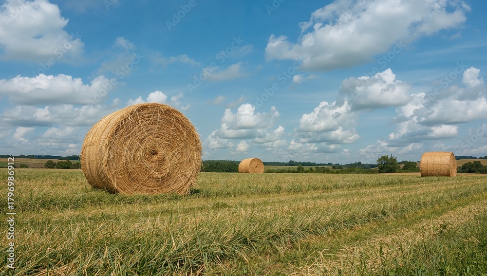 Fototapeta premium Haystacks scattered across a field, seasonal change