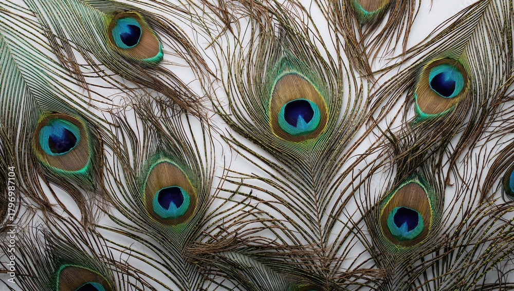 Obraz premium Peacock feathers resting on a white surface, suitable for editorial header backgrounds