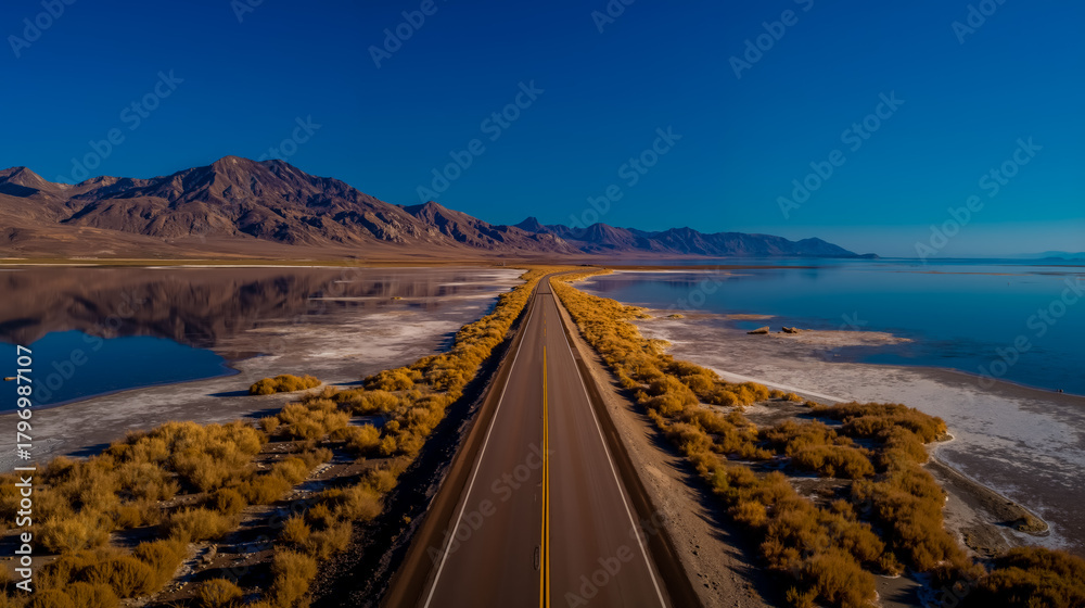 Fototapeta premium Road highway desert mountains landscape scenic nature travel journey wilderness sky water reflection sunset horizon tranquil serene aerial