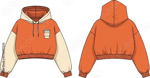 Cropped hoodie flat lay front and back view with minimalist coffee cup icon, pumpkin spice casual sweatshirt, fashion apparel vector illustration