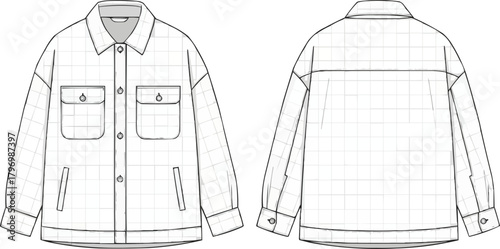 Cozy Check Oversized Shacket Flat Front and Back, Minimalist Checkerboard Shirt Jacket with Chest Pockets