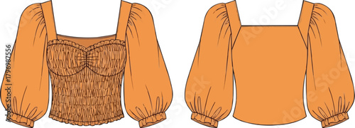 Technical Fashion Sketch of Pumpkin Smocked Bodice Top with Square Neckline, Puff Sleeves, Women’s Apparel Design Illustration