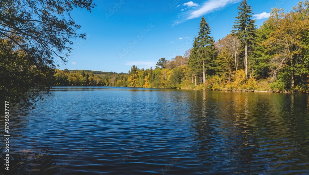 Fototapeta premium Woodland Adjacent to Azure Lake Waters, Preservation