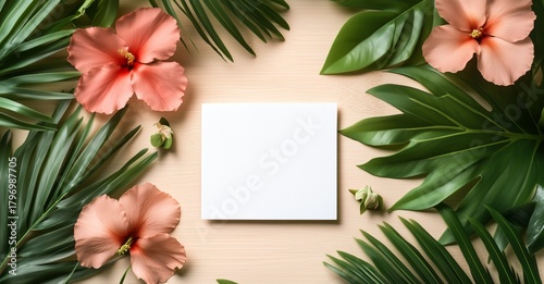 Beautiful Floral Arrangement With Hibiscus Flowers and Tropical Leaves on a S...