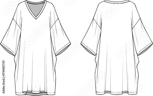 Technical fashion sketch of oversized V-neck T-shirt dress with dolman sleeves, loose tunic garment illustration, vector clothing design, flat fashion sketch