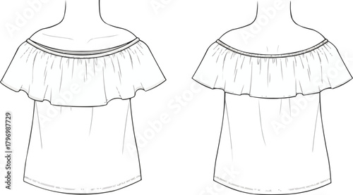 Technical fashion illustration of off-the-shoulder ruffle top with elastic neckline, women’s clothing sketch, flat fashion design, garment drawing