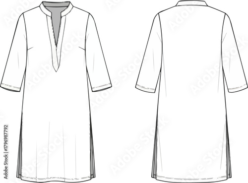 Technical fashion sketch of short kaftan dress with V-neck placket, three-quarter sleeves, and loose fit