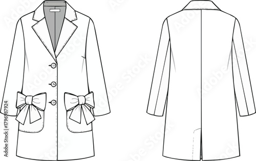 Technical fashion sketch of short robe with shawl collar and tie belt, garment flat sketch