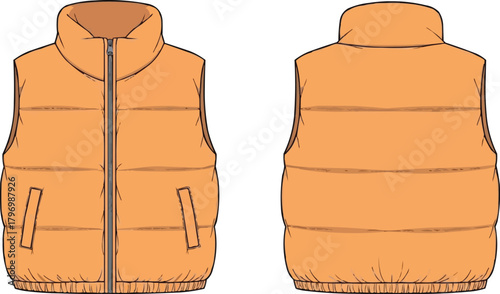 Technical Fashion Sketch of Cropped Puffer Vest with Zipper, Stand Collar, and Sleeveless Design, Flat Clothing Illustration