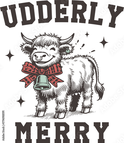 Udderly Merry – Cute Cow Wearing Bell and Bow, Festive Christmas Farm Animal Illustration for Cozy Holiday Apparel