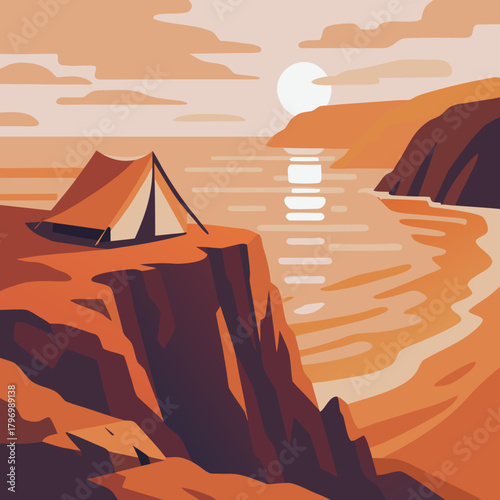 Coastal Sunset Camp - Warm Evening Light Reflecting Over Rocky Cliffs with a Peaceful Tent Setup Beside the Calm Ocean Horizon