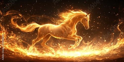 Beautiful Golden Horse Running Through Fiery Landscape at Dusk