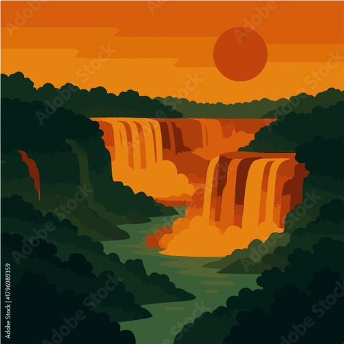 Tropical Waterfall Cascades In Lush Green Valley At Sunset