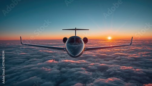 Private jet soaring through clouds during a vibrant sunset, efficiency