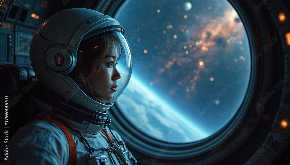 Fototapeta premium Young woman in astronaut helmet looks out spaceship window. Observes Earth, blue planet, distant stars, galaxy. Future space travel, cosmos exploration, new science discovery inspire. Female dreamer