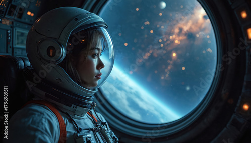 Fototapeta Naklejka Na Ścianę i Meble -  Young woman in astronaut helmet looks out spaceship window. Observes Earth, blue planet, distant stars, galaxy. Future space travel, cosmos exploration, new science discovery inspire. Female dreamer