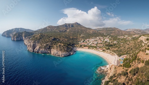 Fototapeta Naklejka Na Ścianę i Meble -  Panoramic aerial view of Navagio beach with azure ocean and rocky coastline, highlighting seasonal beauty