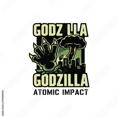 Graphic illustration depicting Godzilla's claw emerging from foliage with a city skyline and atomic mushroom cloud in the background.